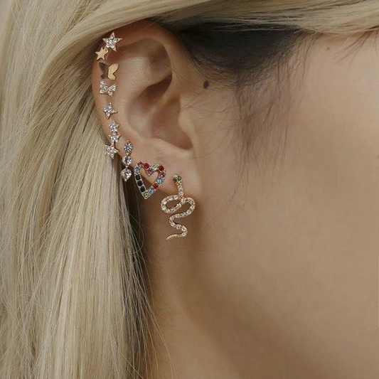SET EAR CUFF SNAKE HEART COLORS 8 PCS